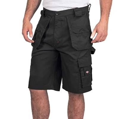 Afbeelding van Lee Cooper Mens Duurzaam Geweven Gemakkelijk Onderhoud Flexibele Comfortabele Werkveiligheid Multi Holster Pocket Cargo Shorts Broeken, Zwart, Maat 36 Inch Taille