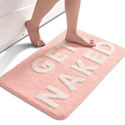 Afbeelding van QJHOMO Roze en wit badkamertapijt, leuke badmat, antislip, wasbaar, zachte microvezel, douchemat, absorberend, 50 x 80 cm