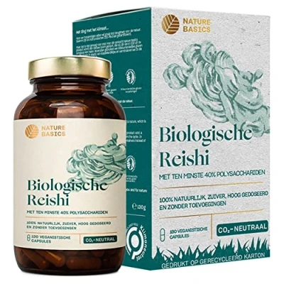 Afbeelding van Nature Basics® Biologische Reishi capsules met 40% bioactieve polysacchariden 120 gecertificeerd &amp; duurzaam in glas 500 mg per capsule laboratoriumgetest, veganistisch, uit DE, zonder additieven CO2 neutraal