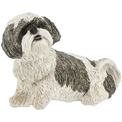 Afbeelding van Sandicast Mid Size Zilver en Wit Shih Tzu Beeldhouwkunst, Zittend