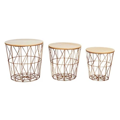 Afbeelding van levandeo Set van 3 bijzettafels, metaal, metalen mand, draadmand, koper, salontafel, deksel, opslag, design, decoratieve tafel
