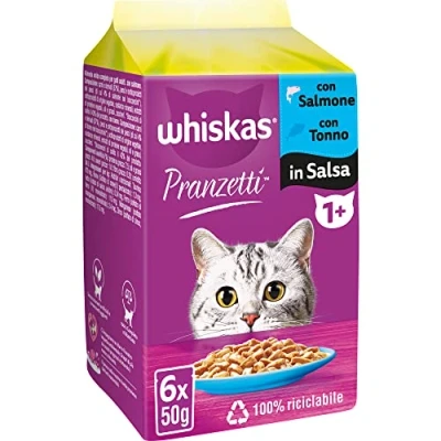 Afbeelding van Whiskas DC24C Pranzetti viskeuze 1+ volwassenen natvoer voor kat 12 verpakkingen met elk 6 zakken x 50 g (in totaal 72 stuks) Gemengd