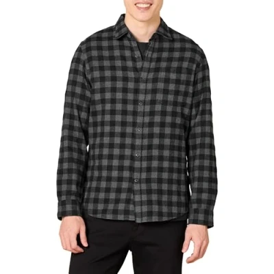 Afbeelding van Amazon Essentials Men&#039;s Geruit flanellen overhemd met lange mouwen en slanke pasvorm (kleuren in beperkte oplage), Zwart Houtskool Geruit, L