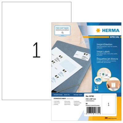 Afbeelding van HERMA 10782 Universele etiketten voor inkjetprinters DIN A4 (210 x 297 mm, 80 vellen, papier, mat) zelfklevend, bedrukbaar, permanent hechtende stickers, zelfklevende etiketten, wit