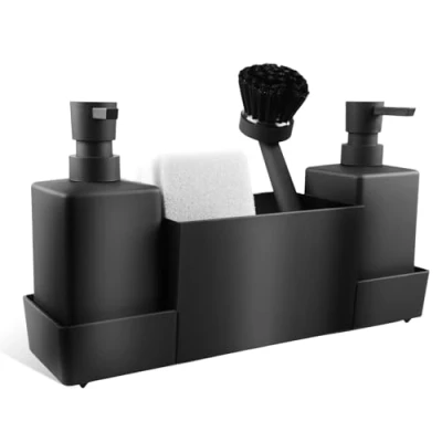Afbeelding van Spoelbakorganizer, keukenorganizer, gootsteenset van kunststof met afwasmiddeldispenser, borstel en spons, gootsteenorganizer zeepdispenser, sponsborstel, zwart