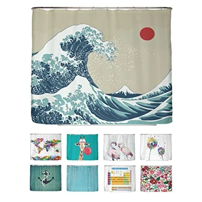 Afbeelding van arteneur® Japan golf Anti schimmel douchegordijn, 240 x 200 cm, gerecycled, met Oeko Tex standaard 100, verzwaarde zoom, ondoorzichtig, waterdicht, wasbaar, 16 ringen en e book (mogelijk niet