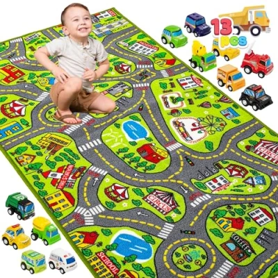 Afbeelding van Vloerkleed voor de kinderkamer, 80 x 150 cm, met 12 mini autospeelgoed kinderen vanaf 3 jaar, speeltapijt, straat, kindertapijt, jongens en meisjes, slaapkamer speelkamer