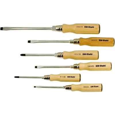 Afbeelding van SW Stahl 30501L schroevendraaierset, houten handvat met kruisgleuf en gleuf I 3,5 x 90 mm gleufschroevendraaier PH kruisschroevendraaier schroevendraaiergereedschapset 6 delig