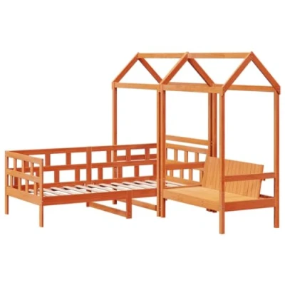 Afbeelding van vidaXL Kinderbedset met huisje massief grenenhout wasbruin 80x200 cm, bankbed, bed, gastenbed, logeerbed, ledikant, ligbed, divan, dagbedframe