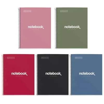 Afbeelding van Miquelrius 5 pack notitieboeken A4, 80 vellen, 90 g/m², geruit x mm, 1 gekleurde strip, microgeperforeerde spiraalbinding, extra stevige omslag, 4 gaten, intense kleuren
