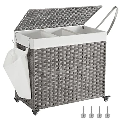 Afbeelding van SONGMICS Wasmand met deksel, 160 L, wasverzamelaar 3 compartimenten, wassorteerder wielen, in rotan look, waszak verwijderbaar, voor wasruimte, 70 x 36 66 cm, grijs LCB365G01