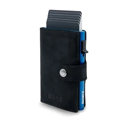 Afbeelding van BORZ Prime MAXUS 1 creditcardhouder, mini portefeuille met muntvak, kaarthouder, geldclip, slim portemonnee, RFID bescherming, portemonnee voor kaarten en biljetten, echt leer, Zwart leer blauwe hoes, Münzfach