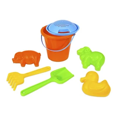 Afbeelding van Lena 05416 Happy Sand Set strandspeelgoed, 7 delig, zandset met emmer, zeef, 3 vormpjes (lam, eend, varken), hark en schep, zandspeelgoed voor kinderen vanaf 12 maanden, meerkleurig, delig