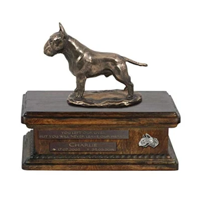Afbeelding van Art Dog Custom Sitting Statue Memorial Urn Handgemaakt koud gegoten brons op berkenhouten voet 8,3x11,4x8,7 5l Bullterriër