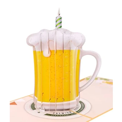 Afbeelding van MOKIO® Pop Up Kaart “Happy BEERthday Bier met kaars grappige 3D wenskaart voor verjaardag, waardebon of cadeaugeld, handgemaakte cadeaukaart envelop