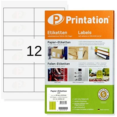 Afbeelding van Printation Universele Etiketten Stickers 97 x 42,3 mm 25 Vellen A4 300 Zelfklevende Label Mat en Blanco Afzenderetiketten 12 Labels per Vel Wit 4623 5056 3659
