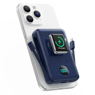 Afbeelding van Magnetische powerbank met geïntegreerde kabels voor MagSafe, 10800 mAh draadloze draagbare oplader, QC4.0 + 25 W PD, snel opladen, USB C, externe accu led display, Apple Watch/iPhone 16/15/14