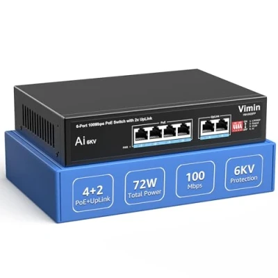 Afbeelding van 6 poorts PoE switch met 4 poorten, VIMIN onbeheerd 10/100 Mbit/s netwerk, 2 uplinkpoorten, AI waakhond, VLAN, uitbreiding tot 250 m, ondersteuning van IEEE802.3af/at, 72