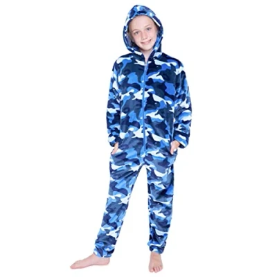 Afbeelding van CityComfort rompertjes voor jongens, donzige fleece pyjama kinderen en tienerjongens meisjes, camo romper, warme winterpyjama 7 14 jaar (Blauw Camouflage, 13 jaar)