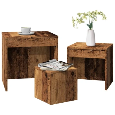 Afbeelding van vidaXL 3 delige Tafeltjesset bewerkt hout oud houtkleurig, bijzetstandaard, geneste tafelmeubels, nesten salontafel, stapelbare tafel, nesttafel set