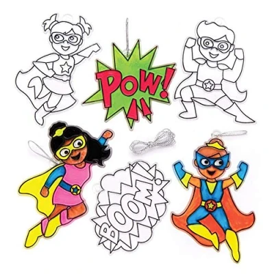 Afbeelding van Baker Ross Suncatcher knutselsets &quot;Superhelden&quot; (8 stuks) knutselset met superheldenmotieven voor kinderen om vorm te geven, versieren en als decoratief idee