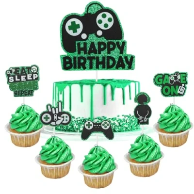 Afbeelding van Feesttaarttoppers 6 stuks videogame cupcake topper picks, groen zwart gaming thema verjaardagsdecoraties, verjaardagsfeestbenodigdheden decoraties voor jongens meisjes kinderen verjaardagsfeestje