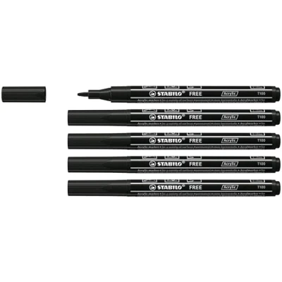 Afbeelding van STABILO FREE Acryl Marker T100 Ronde Punt 1 2 mm Zwart Doos 5 stuks