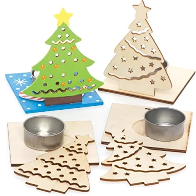 Afbeelding van Baker Ross FE908 Kerstboom houten theelichthouders pak van 4, theelichtjes voor kinderen om te versieren en weer geven, ideaal kunst handwerkproject