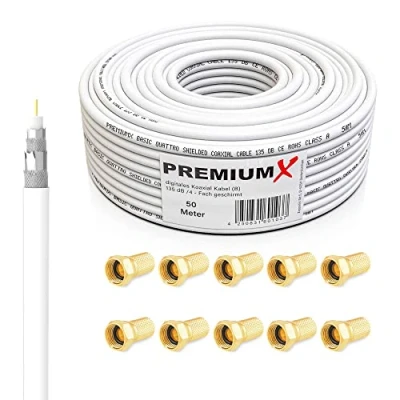 Afbeelding van PremiumX BASIC Coaxiale Kabel van 50m Perfecte ontvangst met 135dB viervoudige aluminium afscherming Compatibel DVB S/S2, C, T, BK installaties Inclusief 10 F connectoren