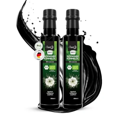 Afbeelding van Sunnah Shop® Biologische zwarte komijnolie, ongefilterd, koudgeperst, 500 ml (2 x 250 ml), Black Seed Oil Organic, 100% zuiver uit Egyptische Nigella Sativa