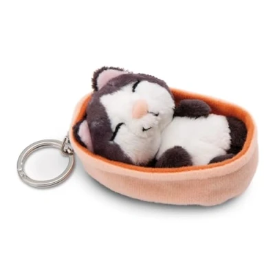 Afbeelding van sleutelhanger Sleeping Pets Kat zwart 8cm mand perzik licht Duurzame metgezel knuffeldierhanger met sleutelring voor sleutelkoord, tas, rugzak en meer