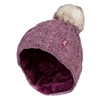 Afbeelding van HEAT HOLDERS Dames Chunky Geribbelde Manchetten Thermische Winter Pom Pompon Bobble Beanie Hoed met Fleece Voering, roze, One size