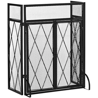 Afbeelding van HOMCOM Schoorsteenbeschermingsrooster 120 x 79 cm firewall voor open haard of kachel vonkenscherm veiligheidsbarrière 3 opvouwbare kleppen en deur metaal zwart