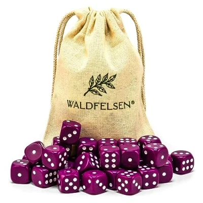 Afbeelding van Waldfelsen 6, 12, 20, 30 of 50 hoogwaardige dobbelstenen, standaardformaat, 16 mm, acryldobbelstenen, speeldobbelstenen, 6 zijdig, zeszijdig speelaccessoireset met stoffen zak (paars,