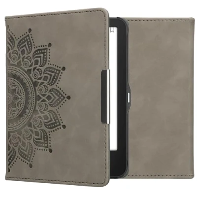 Afbeelding van kwmobile e reader hoesje geschikt voor Tolino Vision 1 / 2 3 4 HD hoes Ereader flip case met standaard Kunstleren cover Opkomende Zon design in grijs