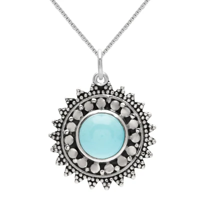 Afbeelding van Zilveren ketting met hanger, zon turquoise steen en rijk bewerkte rand