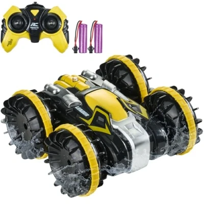 Afbeelding van VEVOR Amfibische op afstand bestuurde boot, 2,4 GHz, 12 km/u, 4WD, waterdicht, met 360 rotatie en 2 batterijen, terreinspeelgoed voor strand, zwembad water, kinderen vanaf 6 jaar, geel