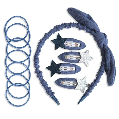 Afbeelding van Papierdrachen Speciale haaraccessoireset met haarband, glitterhaarspelden, haarelastiekjes gecombineerd hoogwaardige mousseline stof, donkerblauw, voor meisjes en dames