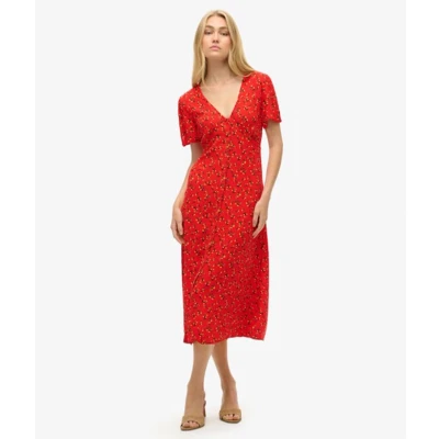 Afbeelding van Superdry Printed Buttonup Short Sleeve MIDI TEA Blousejurk, Dames, Maat: 36, Rosy ditsy red