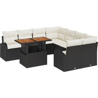Afbeelding van vidaXL 9 delige Tuin Eetset met Kussens Zwart Poly Rattan Acacia