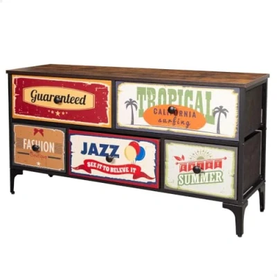 Afbeelding van AKTIVE 18402 Max Home commode voor slaapkamer, multifunctioneel, retro en vintage afbeeldingen, 5 stoffen laden, 103 x 30 56 cm, stalen structuur, houten plaat, nachtkastjes, woonkamermeubels