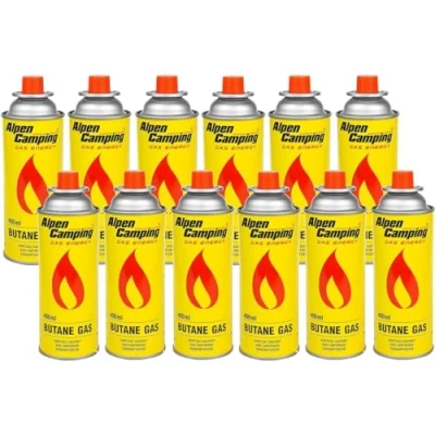 Afbeelding van Alpen camping Butaan gaspatroon voor gasfornuis, kooktoestel, bunsenbrander, soldeerbrander, 400 ml (set van 12stuks)