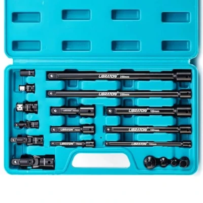 Afbeelding van 18 delige steeksleutelverlengingsset, inch steeksleuteladapter 1/4 3/8 1/2 inch, Verlengen, Kruisgewrichter, slakkoppeling, professionele steeksleutelaccessoires, Cr V