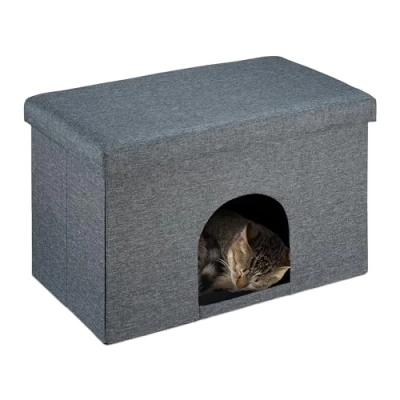 Afbeelding van opvouwbare kattenpoef zithocker met kattenholletje 38,5x64,5x37,5 cm grijs