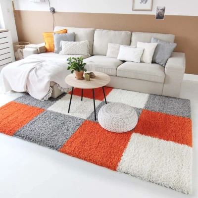 Afbeelding van Hoogpolig Tapijt/Vloerkleed Shaggy Trend Blokken Oranje 80x250 Cm