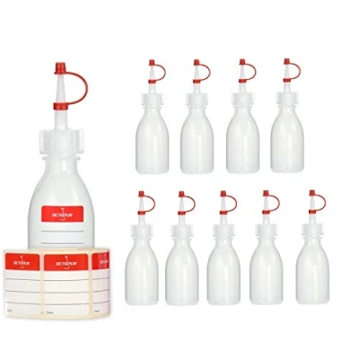 Afbeelding van 10 x 50 ml druppelflessen kunststof flessen, flessen van LDPE met sproeidop, laboratoriumflessen druppeldop, lege sproeiflessen rode bevestigingsband, incl. etiketteringsetiketten