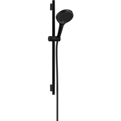 Afbeelding van hansgrohe rainfinity doucheset 130 3jet ecosmart met glijstang 65 cm push schuifstuk en textiel doucheslang 160 mat zwart 28746670