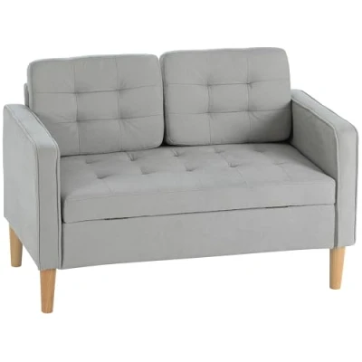 Afbeelding van HOMCOM 2 zits bank, bank met opbergruimte, houten poten, gestoffeerde dubbele fluwelen look voor woonkamer, slaapkamer, lichtgrijs