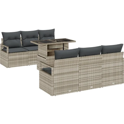 Afbeelding van vidaXL 7 delige Tuin Sofa Set met Kussens Lichtgrijs Poly Riet, 2 Zits Grijs Riet