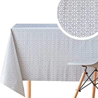 Afbeelding van Afveegbaar grijs tafelzeil Vintage witte bloemenprint PVC tafelkleed waterafstotend, rechthoekig 200 x 140 cm retro bloementafelkleed onderhoudsvriendelijk herbruikbaar vinyl